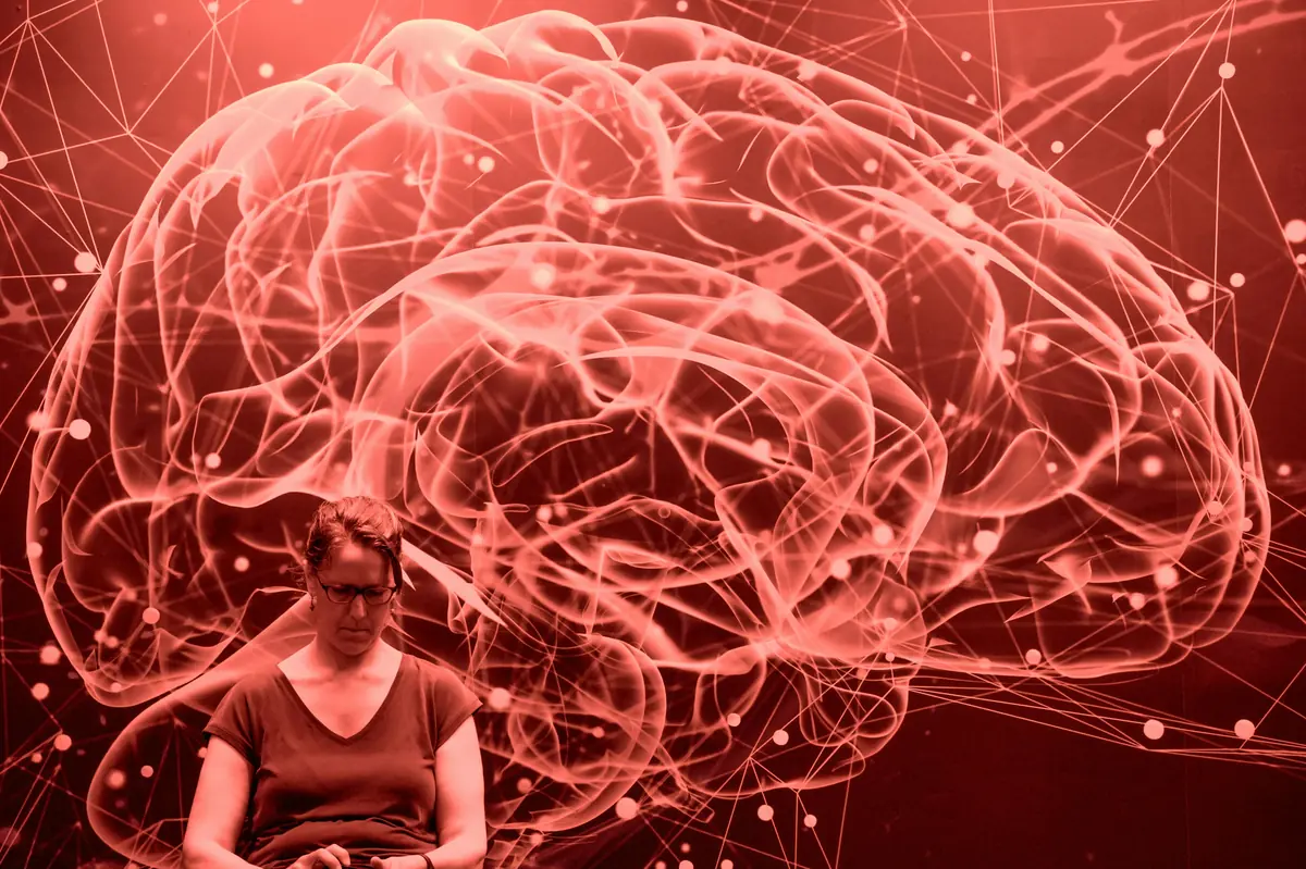 Illustration of the gut-brain connection showing a woman and neural network representing bidirectional communication via the vagus nerve