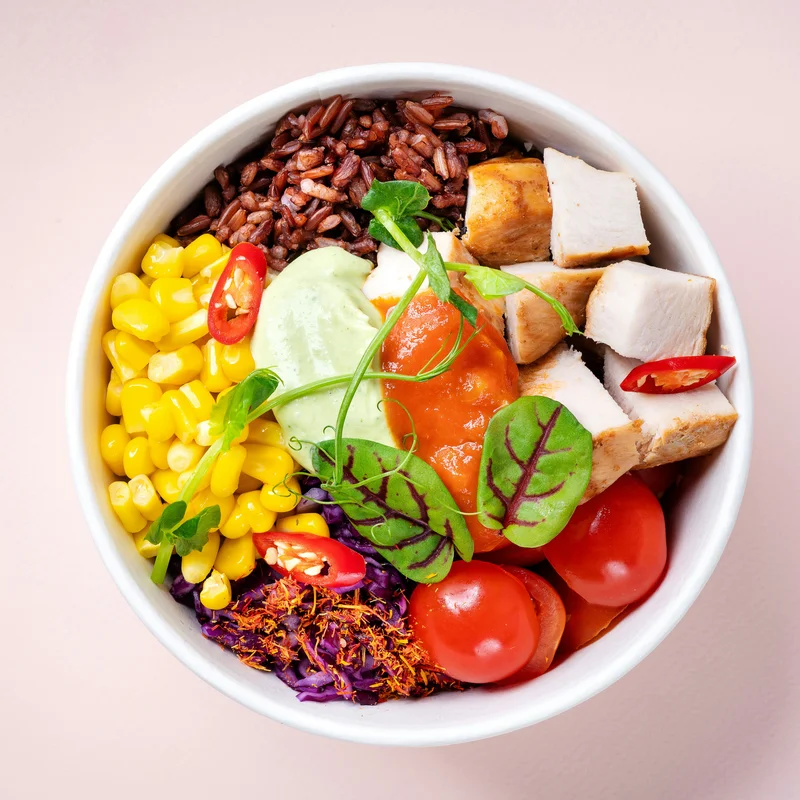 Colorful healthy food bowl with vegetables and whole foods
