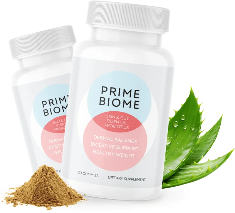 PrimeBiome two-bottle package with aloe vera showing skin and gut support
