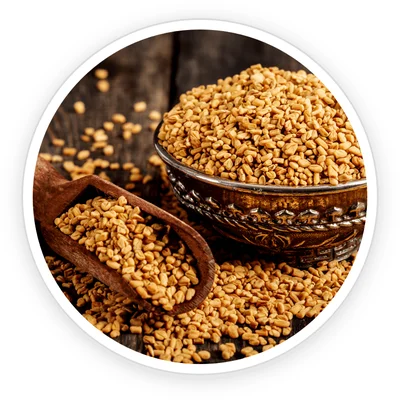 Fenugreek seeds in a decorative wooden bowl